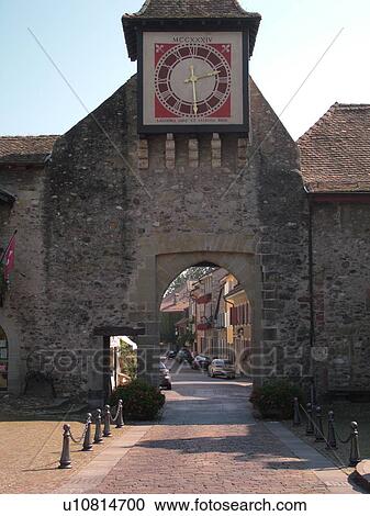 Switzerland, Europe, Vaud, St. Prex, La Cote, village, gate, clock tower View Large Photo Image Stock Image - Switzerland, Europe, Vaud, St. Prex, La Cote, village, gate, clock tower. Fotosearch