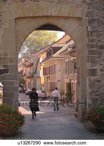 Stock Image -  Switzerland, Europe, Vaud, St. Prex, La Cote, village, gate. Fotosearch