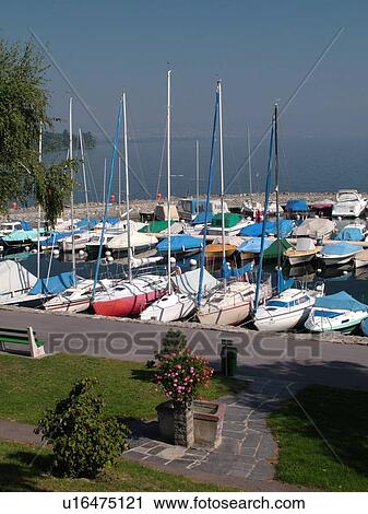 Stock Image -  Switzerland, Europe, Vaud, St. Prex, La Cote, Lake Geneva, Lac Leman, marina. Fotosearch