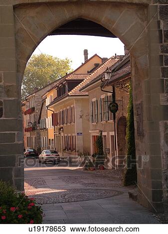 Stock Image -  Switzerland, Europe, Vaud, St. Prex, La Cote, village, gate. Fotosearch