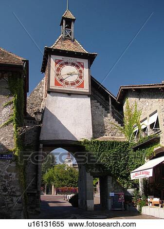 Switzerland, Europe, Vaud, St. Prex, La Cote, village, gate, clock tower View Large Photo Image Stock Photography - Switzerland, Europe, Vaud, St. Prex, La Cote, village, gate, clock tower. Fotosearch