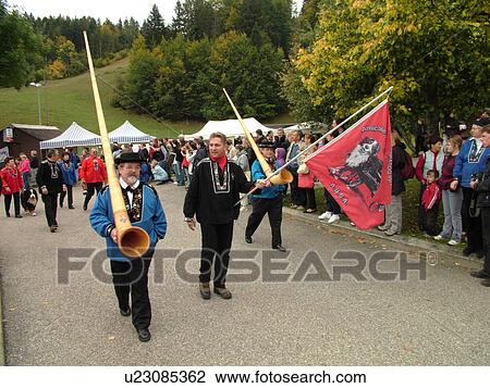 Stock Image -  Switzerland, Europe, Vaud, St. Cergues, La Desalpe, festival, alpine horns. Fotosearch