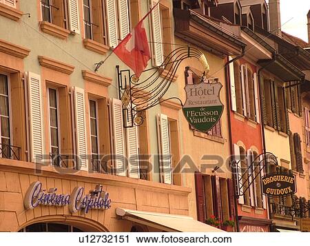 Stock Image -  Switzerland, Europe, Vaud, Yverdon-les-Bains, downtown. Fotosearch