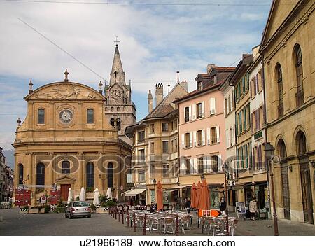 Stock Photo -  Switzerland, Europe, Vaud, Yverdon-les-Bains, Place Pestalozzi, downtown. Fotosearch