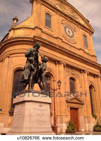 Switzerland, Europe, Vaud, Yverdon-les-Bains, The Temple of Yverdon-les-Bains, Place Pestalozzi, downtown, statue of Pestalozzi (1746-1827) View Large Photo Image Stock Photograph - Switzerland, Europe, Vaud, Yverdon-les-Bains, The Temple of Yverdon-les-Bains, Place Pestalozzi, downtown, statue of Pestalozzi (1746-1827). Fotosearch