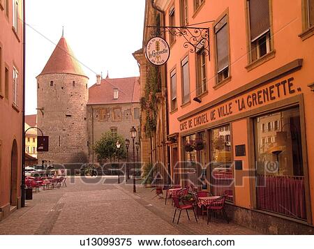 Stock Photography -  Switzerland, Europe, Vaud, Yverdon-les-Bains, downtown, castle, outdoor cafT. Fotosearch