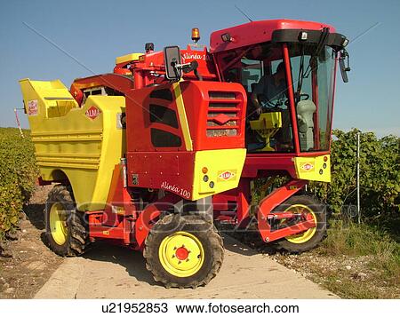 Stock Image -  Switzerland, Europe, Vaud, Tartegnin, La Cote, wine harvest, vineyards, grape collection machine. Fotosearch
