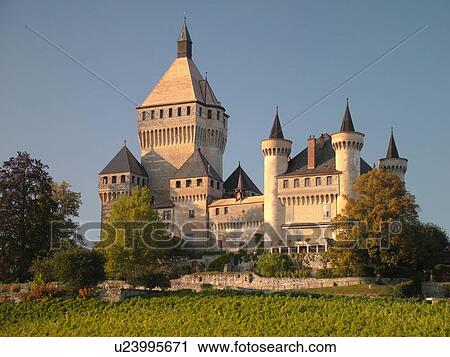 Stock Image -  Switzerland, Europe, Vaud, Vufflens, La Cote, Vufflens Le Chateau, vineyards. Fotosearch