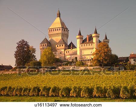 Stock Photo -  Switzerland, Europe, Vaud, Vufflens, La Cote, Vufflens Le Chateau, vineyards. Fotosearch