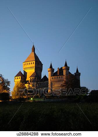 Stock Photo -  Switzerland, Europe, Vaud, Vufflens, La Cote, Vufflens Le Chateau, evening. Fotosearch
