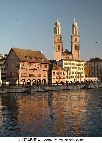 Switzerland, Europe, Zurich, Zuerich, Limmat River, Grossmunster Cathedral, Limmatquai View Large Photo Image Picture - Switzerland, Europe, Zurich, Zuerich, Limmat River, Grossmunster Cathedral, Limmatquai. Fotosearch