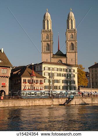 Switzerland, Europe, Zurich, Zuerich, Limmat River, Grossmunster Cathedral View Large Photo Image Picture - Switzerland, Europe, Zurich, Zuerich, Limmat River, Grossmunster Cathedral. Fotosearch