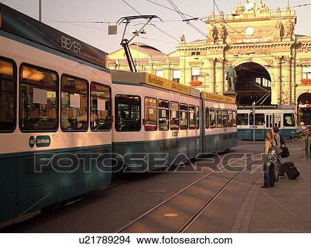 Switzerland, Europe, Zurich, Zuerich, downtown, Bahnhofstrasse, trolley, tram, commuters View Large Photo Image Picture - Switzerland, Europe, Zurich, Zuerich, downtown, Bahnhofstrasse, trolley, tram, commuters. Fotosearch