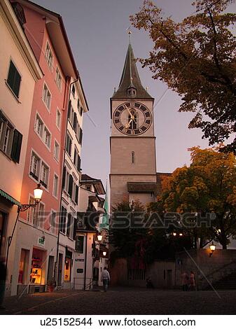 Switzerland, Europe, Zurich, Zuerich, St. Peters Kirche, clock tower, evening View Large Photo Image Picture - Switzerland, Europe, Zurich, Zuerich, St. Peters Kirche, clock tower, evening. Fotosearch