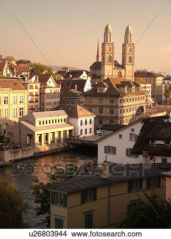 Switzerland, Europe, Zurich, Zuerich, Limmat River, Grossmunster Cathedral View Large Photo Image Picture - Switzerland, Europe, Zurich, Zuerich, Limmat River, Grossmunster Cathedral. Fotosearch