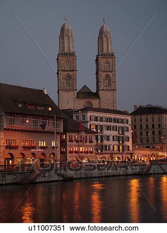 Switzerland, Europe, Zurich, Zuerich, Limmat River, Grossmunster Cathedral, Limmatquai, evening View Large Photo Image Stock Image - Switzerland, Europe, Zurich, Zuerich, Limmat River, Grossmunster Cathedral, Limmatquai, evening. Fotosearch