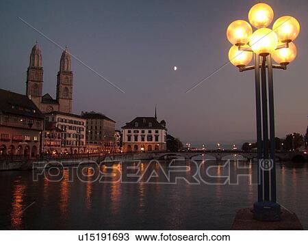 Switzerland, Europe, Zurich, Zuerich, Limmat River, Grossmunster Cathedral, Limmatquai, evening View Large Photo Image Stock Image - Switzerland, Europe, Zurich, Zuerich, Limmat River, Grossmunster Cathedral, Limmatquai, evening. Fotosearch