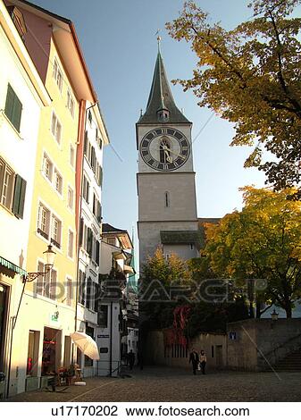 Switzerland, Europe, Zurich, Zuerich, St. Peters Kirche, narrow pedestrian street, clock tower View Large Photo Image Stock Image - Switzerland, Europe, Zurich, Zuerich, St. Peters Kirche, narrow pedestrian street, clock tower. Fotosearch
