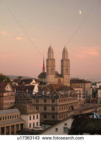 Stock Image -  Switzerland, Europe, Zurich, Zuerich, Grossmunster Cathedral, Limmatquai, Zwingli Platz. Fotosearch