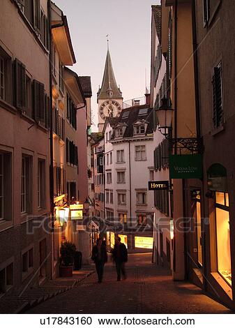 Switzerland, Europe, Zurich, Zuerich, narrow pedestrian street, evening View Large Photo Image Stock Image - Switzerland, Europe, Zurich, Zuerich, narrow pedestrian street, evening. Fotosearch