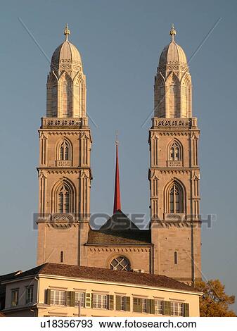 Stock Image -  Switzerland, Europe, Zurich, Zuerich, Grossmunster Cathedral, Limmatquai, Zwingli Platz. Fotosearch