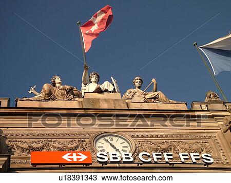 Stock Image -  Switzerland, Europe, Zurich, Zuerich, downtown, train station. Fotosearch