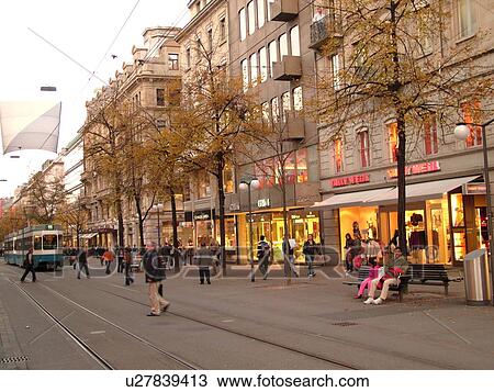 Switzerland, Europe, Zurich, Zuerich, downtown, Bahnhofstrasse, trolley, tram View Large Photo Image Stock Image - Switzerland, Europe, Zurich, Zuerich, downtown, Bahnhofstrasse, trolley, tram. Fotosearch