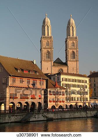 Switzerland, Europe, Zurich, Zuerich, Limmat River, Grossmunster Cathedral, Limmatquai View Large Photo Image Stock Image - Switzerland, Europe, Zurich, Zuerich, Limmat River, Grossmunster Cathedral, Limmatquai. Fotosearch