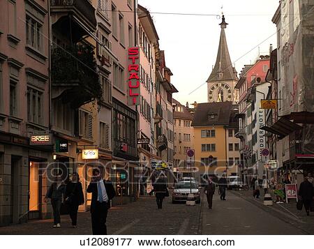 Switzerland, Europe, Zurich, Zuerich, street View Large Photo Image Stock Photo - Switzerland, Europe, Zurich, Zuerich, street. Fotosearch