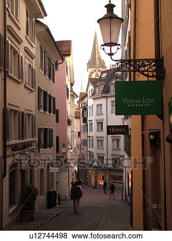 Switzerland, Europe, Zurich, Zuerich, narrow pedestrian street, lamp post View Large Photo Image Stock Photo - Switzerland, Europe, Zurich, Zuerich, narrow pedestrian street, lamp post. Fotosearch