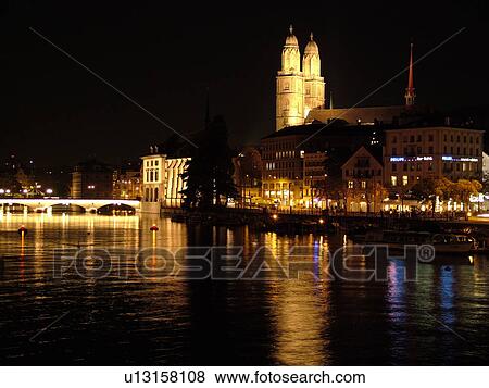 Switzerland, Europe, Zurich, Zuerich, Limmat River, Grossmunster Cathedral, evening View Large Photo Image Stock Photo - Switzerland, Europe, Zurich, Zuerich, Limmat River, Grossmunster Cathedral, evening. Fotosearch