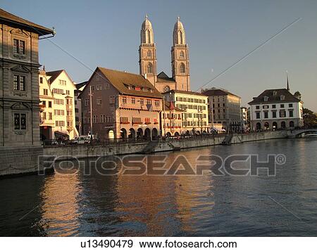 Switzerland, Europe, Zurich, Zuerich, Limmat River, Grossmunster Cathedral, Limmatquai View Large Photo Image Stock Photo - Switzerland, Europe, Zurich, Zuerich, Limmat River, Grossmunster Cathedral, Limmatquai. Fotosearch