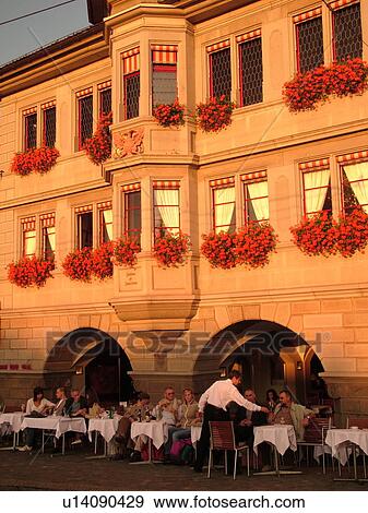 Stock Photo -  Switzerland, Europe, Zurich, Zuerich, Limmatquai, outdoor cafT. Fotosearch