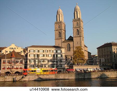 Switzerland, Europe, Zurich, Zuerich, Limmat River, Grossmunster Cathedral, Limmatquai, Zwingli Platz View Large Photo Image Stock Photo - Switzerland, Europe, Zurich, Zuerich, Limmat River, Grossmunster Cathedral, Limmatquai, Zwingli Platz. Fotosearch
