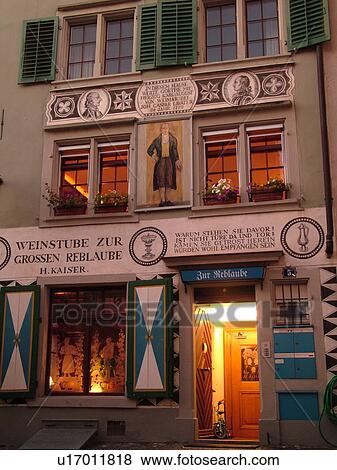 Switzerland, Europe, Zurich, Zuerich, building, cafT, fatade, fresco, evening View Large Photo Image Stock Photo - Switzerland, Europe, Zurich, Zuerich, building, cafT, fatade, fresco, evening. Fotosearch