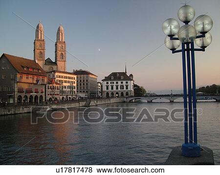 Switzerland, Europe, Zurich, Zuerich, Limmat River, Grossmunster Cathedral, Limmatquai, Munster Brucke View Large Photo Image Stock Photo - Switzerland, Europe, Zurich, Zuerich, Limmat River, Grossmunster Cathedral, Limmatquai, Munster Brucke. Fotosearch