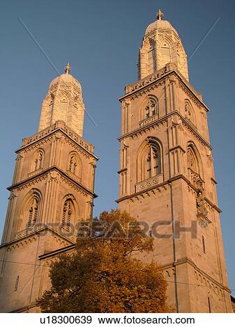 Stock Photo -  Switzerland, Europe, Zurich, Zuerich, Grossmunster Cathedral, Limmatquai, Zwingli Platz. Fotosearch