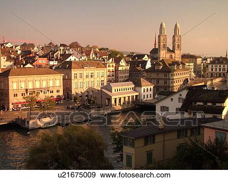 Stock Photo -  Switzerland, Europe, Zurich, Zuerich, Limmat River, Grossmunster Cathedral. Fotosearch
