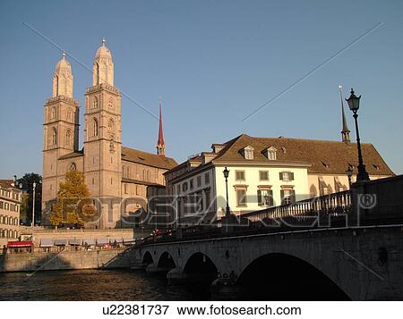 Switzerland, Europe, Zurich, Zuerich, Limmat River, Grossmunster Cathedral, Munster Brucke View Large Photo Image Stock Photo - Switzerland, Europe, Zurich, Zuerich, Limmat River, Grossmunster Cathedral, Munster Brucke. Fotosearch