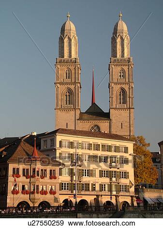 Stock Photo -  Switzerland, Europe, Zurich, Zuerich, Grossmunster Cathedral, Limmatquai, Zwingli Platz. Fotosearch