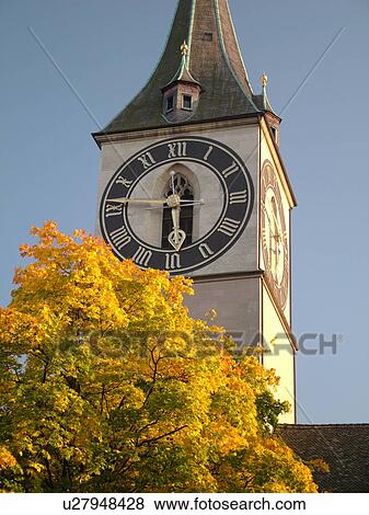 Stock Photo -  Switzerland, Europe, Zurich, Zuerich, St. Peters Kirche, clock tower. Fotosearch