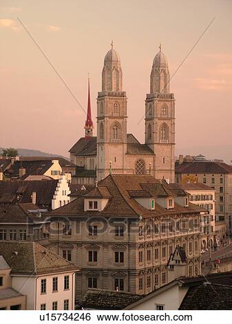 Stock Photograph -  Switzerland, Europe, Zurich, Zuerich, Grossmunster Cathedral, Limmatquai, Zwingli Platz. Fotosearch