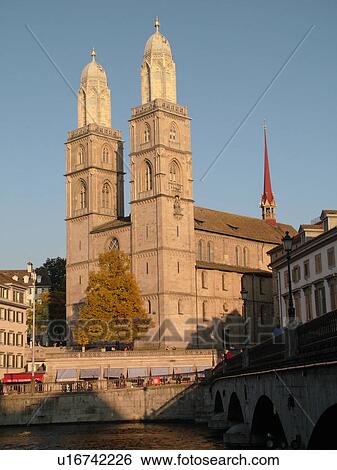 Stock Photograph -  Switzerland, Europe, Zurich, Zuerich, Limmat River, Grossmunster Cathedral, Munster Brucke, Zwingli Platz. Fotosearch