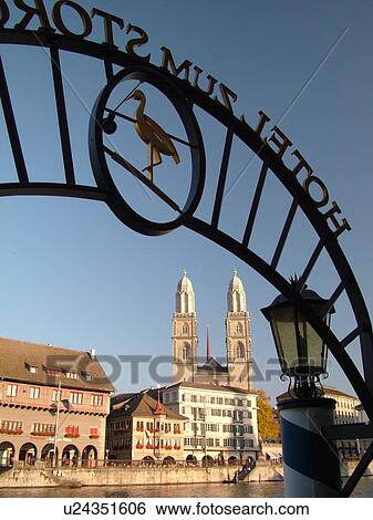 Switzerland, Europe, Zurich, Zuerich, Limmat River, Grossmunster Cathedral, silhouette of hotel sign View Large Photo Image Stock Photograph - Switzerland, Europe, Zurich, Zuerich, Limmat River, Grossmunster Cathedral, silhouette of hotel sign. Fotosearch