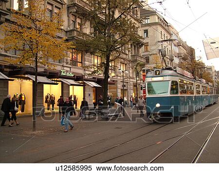 Stock Photography -  Switzerland, Europe, Zurich, Zuerich, downtown, Bahnhofstrasse, trolley, tram. Fotosearch