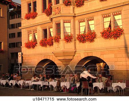 Stock Photography -  Switzerland, Europe, Zurich, Zuerich, Limmatquai, outdoor cafT. Fotosearch