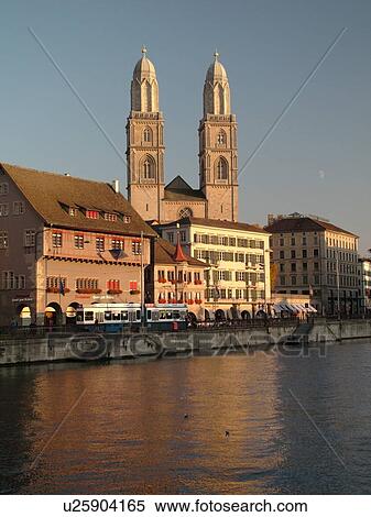 Switzerland, Europe, Zurich, Zuerich, Limmat River, Grossmunster Cathedral, Limmatquai View Large Photo Image Stock Photography - Switzerland, Europe, Zurich, Zuerich, Limmat River, Grossmunster Cathedral, Limmatquai. Fotosearch
