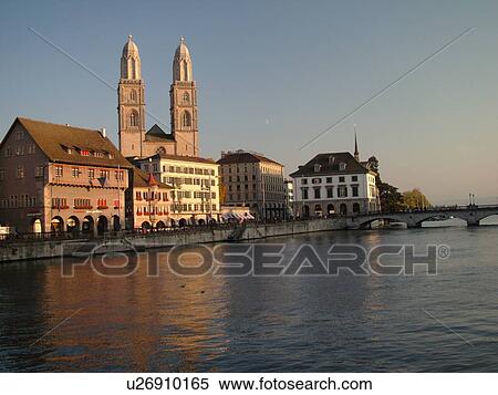 Stock Photography -  Switzerland, Europe, Zurich, Zuerich, Limmat River, Grossmunster Cathedral, Limmatquai. Fotosearch