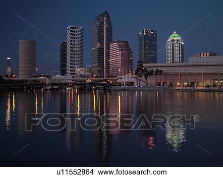 Picture -  Tampa, FL, Florida, Tampa Bay, Garrison Channel, skyline, downtown, evening. Fotosearch