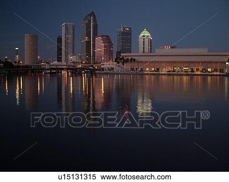 Stock Photography -  Tampa, FL, Florida, Tampa Bay, Garrison Channel, skyline, downtown, evening. Fotosearch